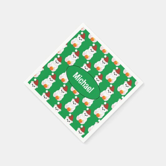 ポーラーベアークリスマスサンタカワイグリーンお名前 スタンダードカクテルナプキン (角)
