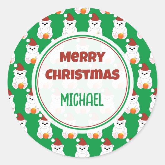 ポーラーベアークリスマスサンタハットのパーソナライズ ラウンドシール (正面)