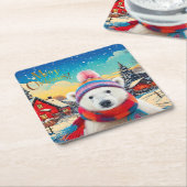 ポーラーベアーサンタハットとスカーフメリークリスマス スクエアペーパーコースター (アングル)