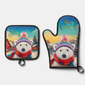 ポーラーベアーサンタハットとスカーフメリークリスマス 鍋つかみ&鍋敷きセット (正面)