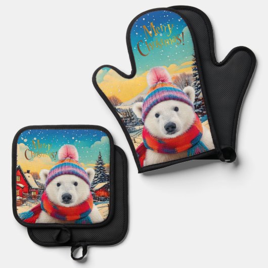 ポーラーベアーサンタハットとスカーフメリークリスマス 鍋つかみ&鍋敷きセット (正面/裏面)