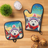 ポーラーベアーサンタハットとスカーフメリークリスマス 鍋つかみ&鍋敷きセット (トップダウン)