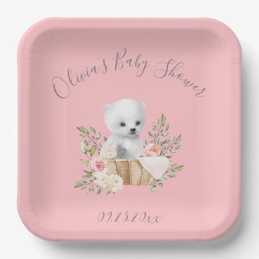 ポーラーベアーピンクベビーシャワー紙プレート ペーパープレート (正面)