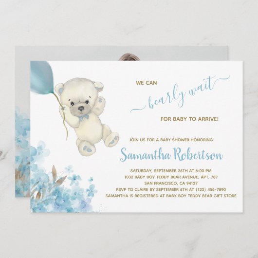 ポーラーベアーブルーバルーンウォーター色ボーイベビーシャワー 招待状 (正面/裏面)