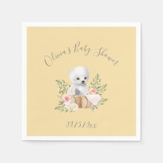ポーラーベアーボーイ女の子イエローベビーシャワーナプキンズ スタンダードカクテルナプキン (正面)