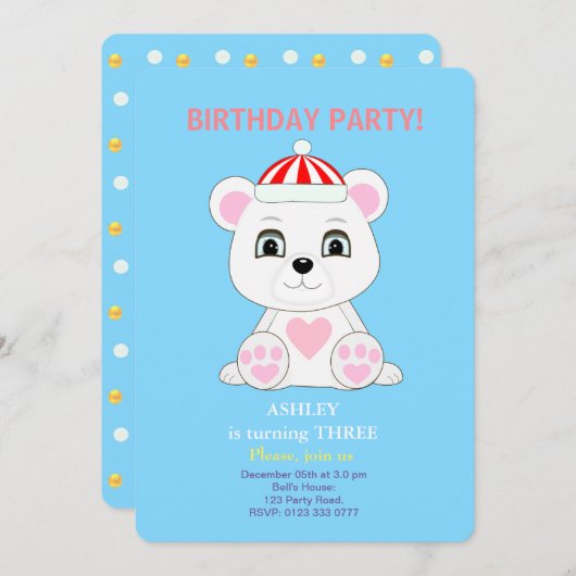 ポーラーベア子供の誕生日招待状 招待状 (正面/裏面)
