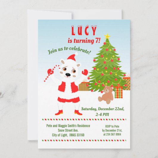 ポーラーベア誕生日パーティー付きクリスマス 招待状 (正面)