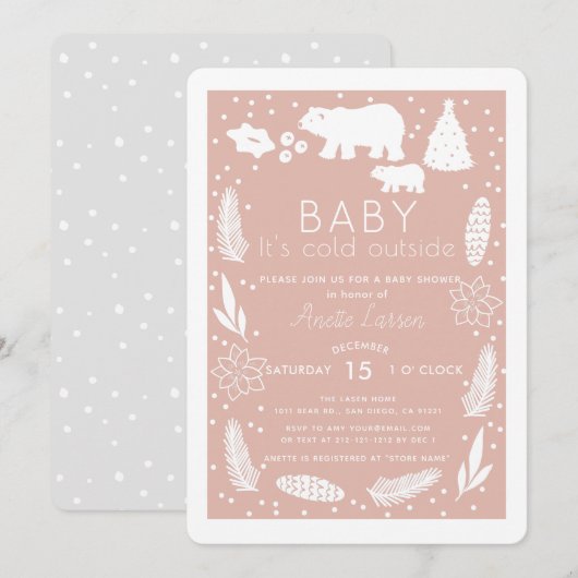 ポーラーベア ベイビー イッツ コールド アウトサイド ピンク ベイビー シャワー 招待状 (正面/裏面)