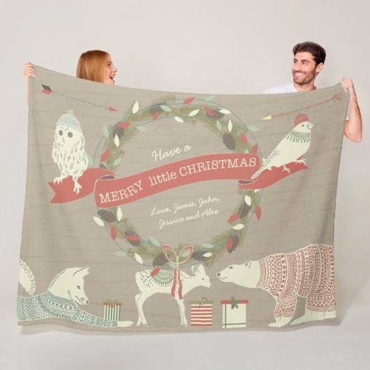 ポーラ素朴ベア子鹿キツネクリスマスパターン フリースブランケット (インサイチュ)