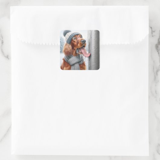 ポールをなめるクリスマスのアイリッシュセッター凍ってい犬 スクエアシール (バッグ)