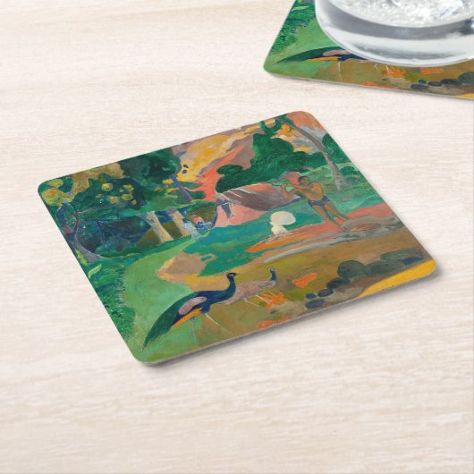 ポールゴーグインマタモエの風景と孔雀 スクエアペーパーコースター (アングル)