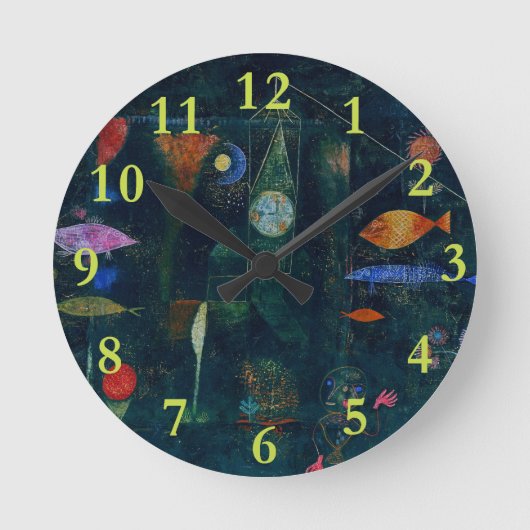 ポール・クレー「魚の魔法」抽象画 グラフィックアート ラウンド壁時計 (正面)