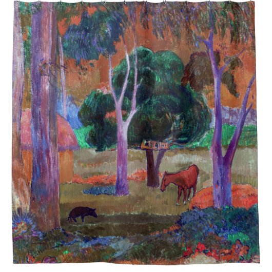 ポール・ゴーガン - 豚と馬のいる風景 シャワーカーテン (正面)