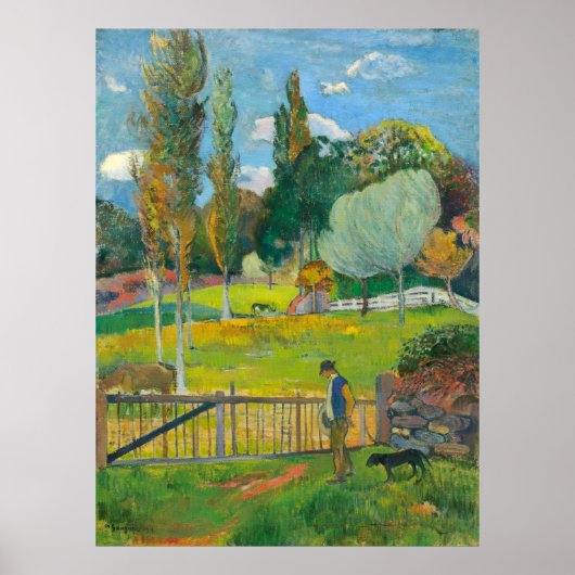 ポール・ゴーギャン農家とフェンスの近くの犬 ポスター (正面)