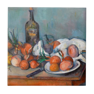 ポールCézanneのタマネギおよびボトルが付いている静物画 タイル