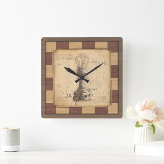 "ポーンキング/クイーン"ヴィンテージチェス盤プレーヤーのギフト スクエア壁時計 (ホーム)