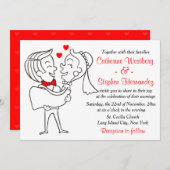 マお洒落ンガの新郎新婦赤結婚、白 招待状 (正面/裏面)