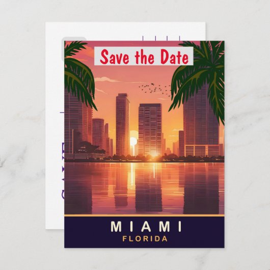 マイアミのサンセット、フロリダ州、旅行ポストカード セーブザデート (正面/裏面)