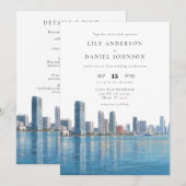 マイアミのスカイライン 水彩画 オールインワン ウェディング 招待状 (正面/裏面)
