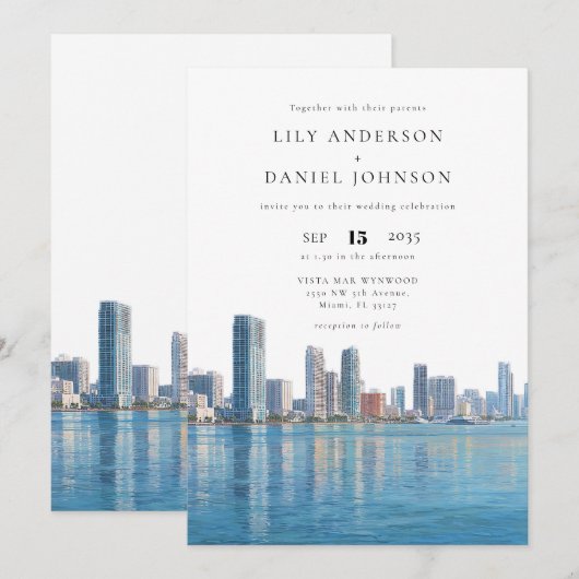 マイアミのスカイライン 水彩 エレガント ウェディング 招待状 (正面/裏面)