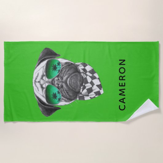 マイアミのパグ|はあなたの名前を加えます ビーチタオル (正面)