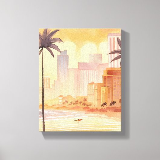 マイアミの日の出 | イエローの水彩画によるスカイラインの絵画 キャンバスプリント (正面)