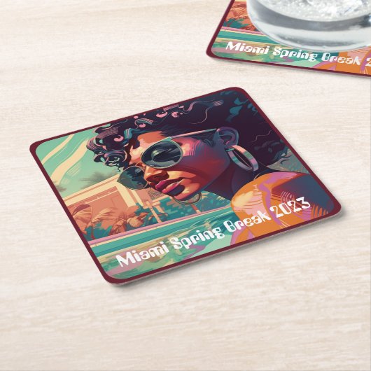 マイアミスプリングブレイクブラックウーマン絵画インプール スクエアペーパーコースター (アングル)