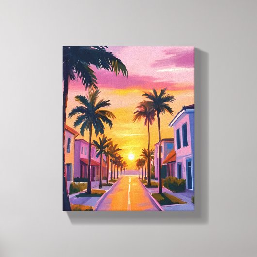 マイアミビーチの夕日 | フロリダの海 水彩画 キャンバスプリント (正面)