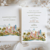 マイアミビーチの美しい空を背景にした水彩画のスカイライン 招待状