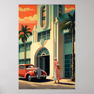 マイアミビーチアートデコホテルフロントエアーブラシアート ポスター