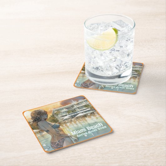 マイアミビーチスプリングブレイクガールインプールウォーターカラー スクエアペーパーコースター (インサイチュ)