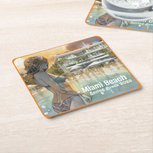マイアミビーチスプリングブレイクガールインプールウォーターカラー スクエアペーパーコースター (アングル)