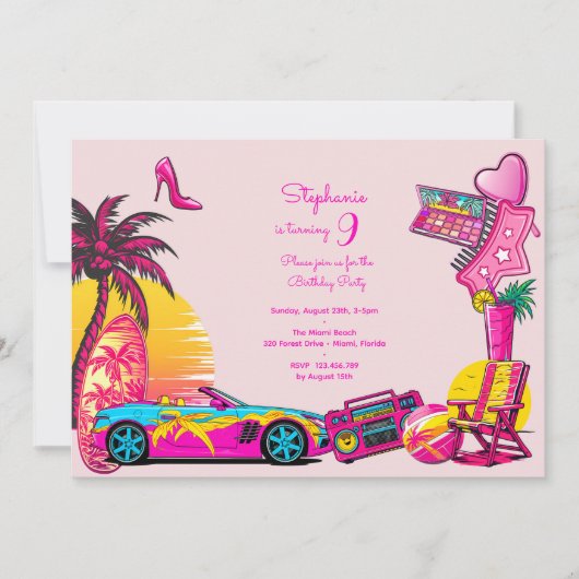 マイアミビーチドールピンクの女の子の誕生日 招待状 (正面)