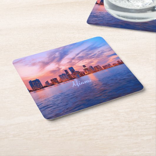 マイアミビーチフロリダシティスカイライン スクエアペーパーコースター (アングル)