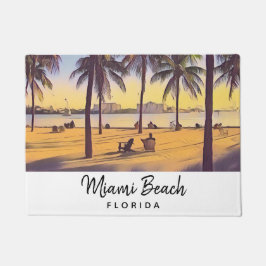 マイアミビーチフロリダヴィンテージウォーターカラーアート ドアマット