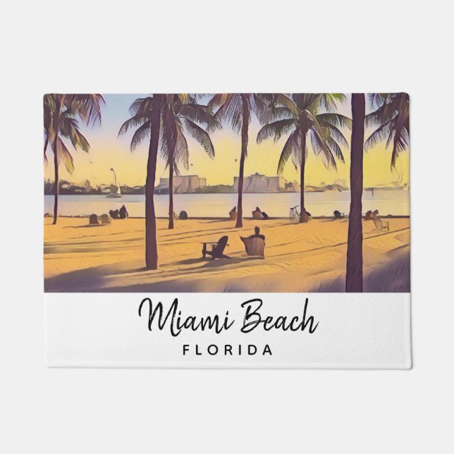 マイアミビーチフロリダヴィンテージウォーターカラーアート ドアマット (正面)