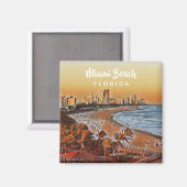 マイアミビーチフロリダヴィンテージウォーターカラーアート マグネット (正面/裏面)