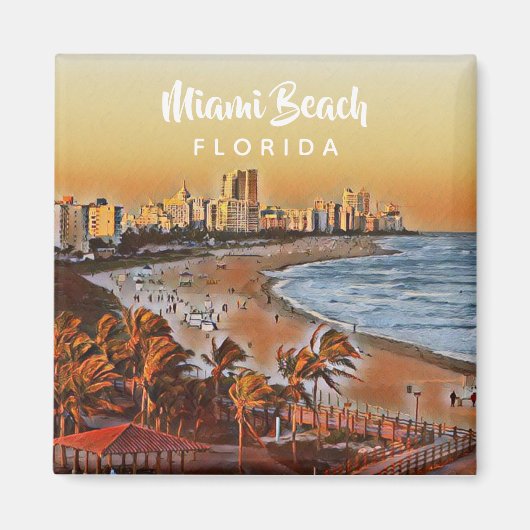 マイアミビーチフロリダヴィンテージウォーターカラーアート マグネット (正面)