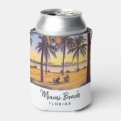マイアミビーチフロリダヴィンテージウォーターカラーアート 缶クーラー (缶正面)