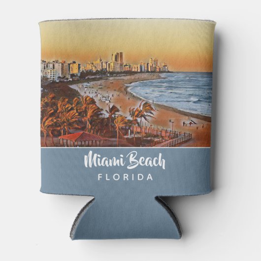 マイアミビーチフロリダヴィンテージウォーターカラーアート 缶クーラー (正面)