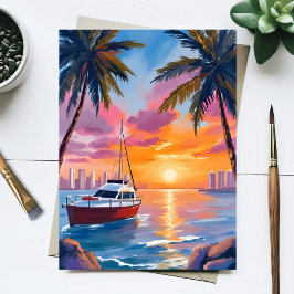 マイアミビーチボートベイの夕焼け水彩画 ポストカード