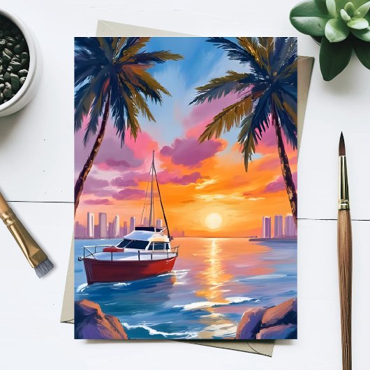 マイアミビーチボートベイの夕焼け水彩画 ポストカード