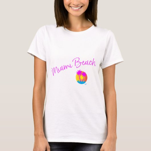 マイアミビーチロゴ太陽ヤシの木ピンク Tシャツ (正面)