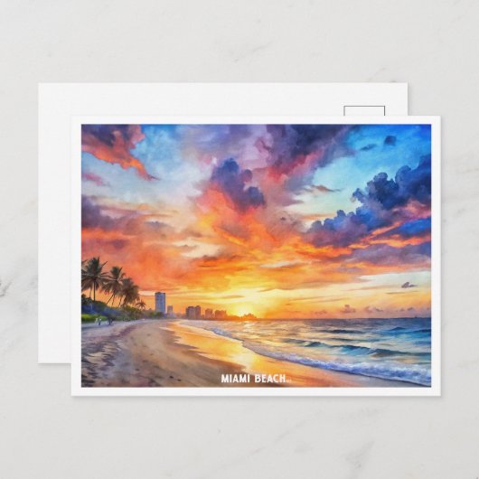 マイアミビーチ,フロリダサンセットウォーター絵を描カラー ポストカード (正面/裏面)