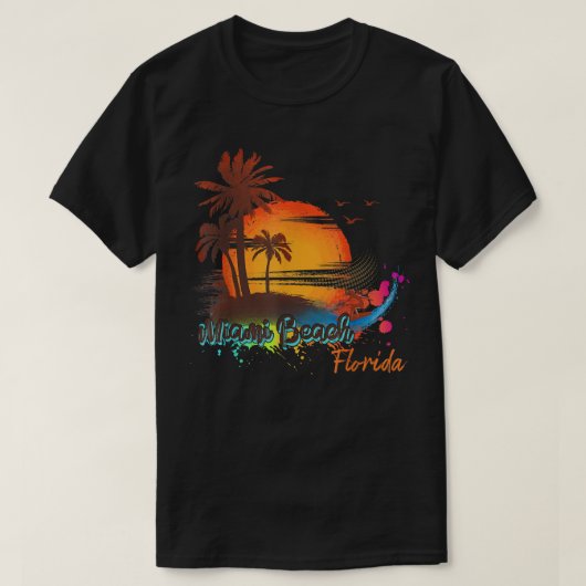 マイアミビーチ フロリダ ビーチ 夏 ヤシの木 夕焼け Tシャツ (デザイン正面)