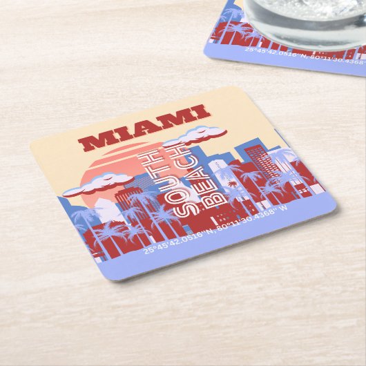マイアミビーチ，マイアミ旅行アート，レトロ スクエアペーパーコースター (アングル)