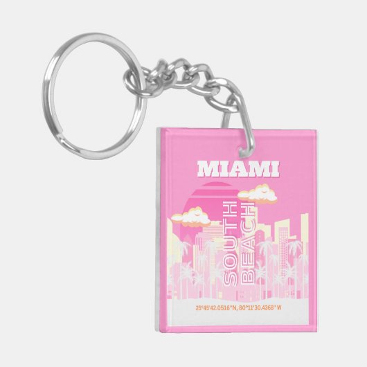マイアミビーチ，マイアミ旅行名門私立校風のアート，ピンク キーホルダー (正面左)
