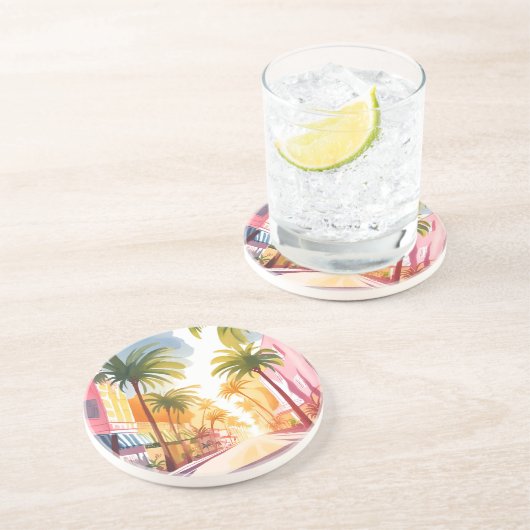 マイアミビーチ | 鮮やかな色彩の水彩画 コースター (側面)