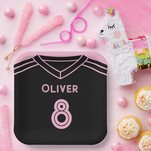 マイアミピンクアンドブラックサッカーパーティー誕生日 ペーパープレート (パーティー)