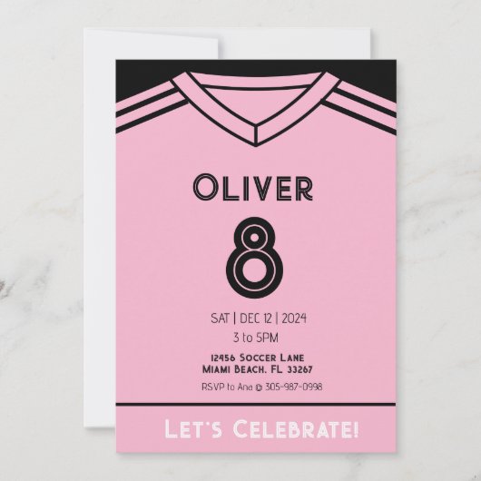 マイアミピンクサッカー誕生日パーティーの招待状 招待状 (正面)